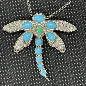 Exquisite Opal, SB Turquoise and Silver Dragonfly Pendant Necklace. 16-22”